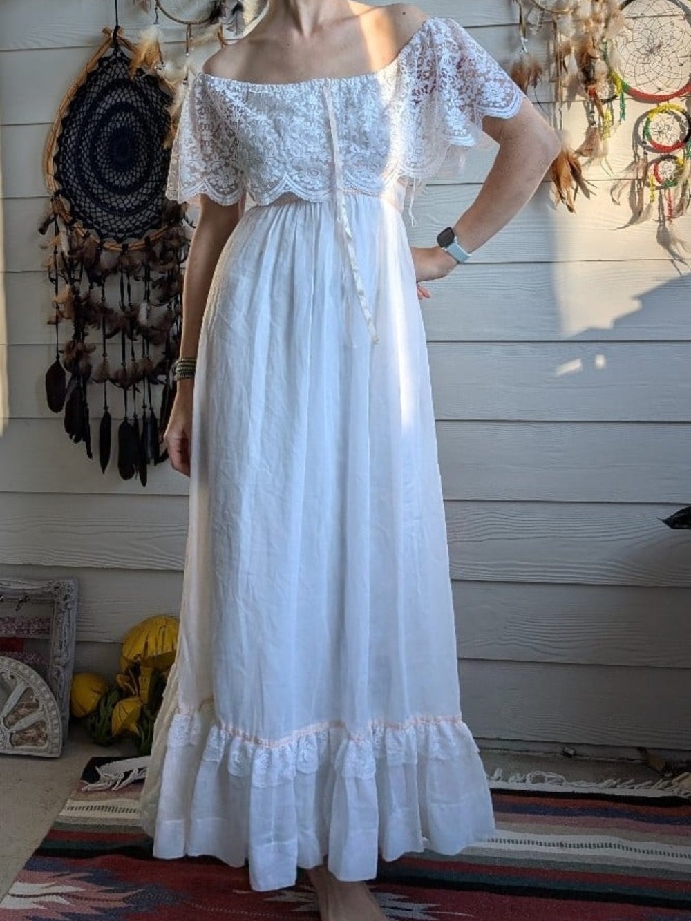 Vintage 1970s Boho Wedding Lace Off the Shoulder Maxi Dress Size XS/S